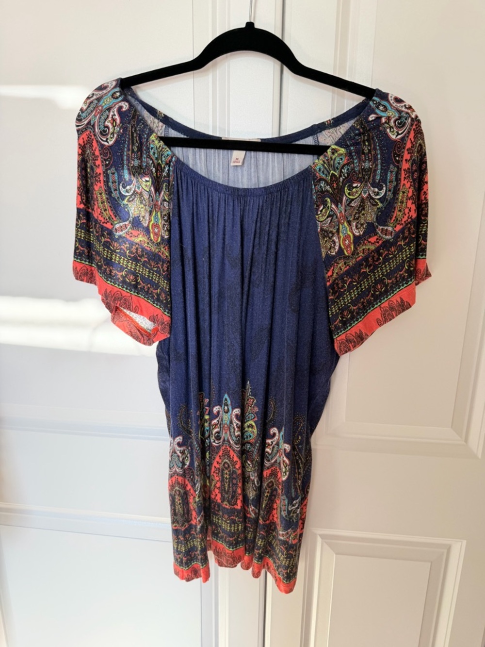 dressbarn Navy Blue Paisley Print Blouse with Coral Accents